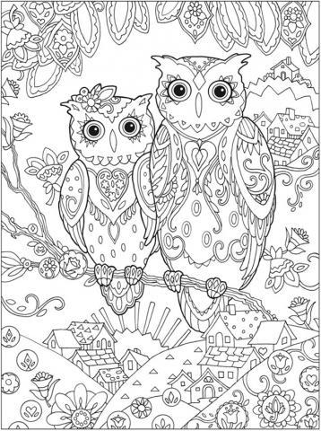 An uncolored coloring page showing two owls sitting in a tree